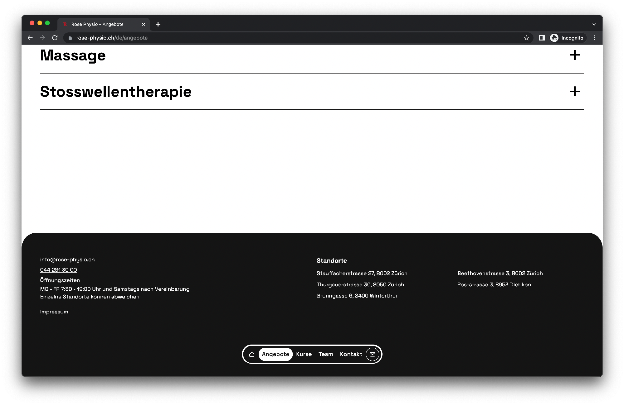 footer elements showcase Rose Physio Website
